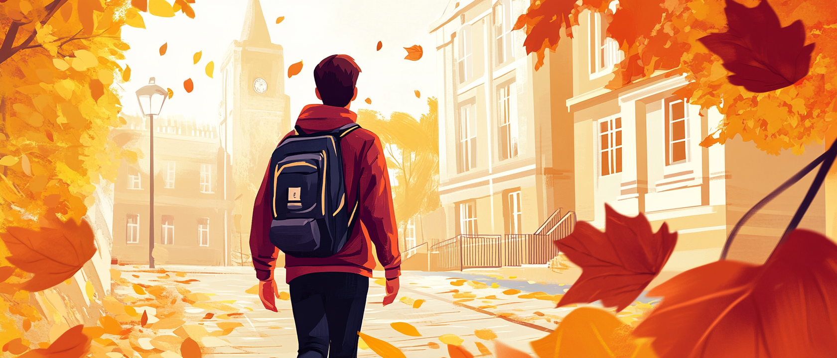 student walking to university in autumn