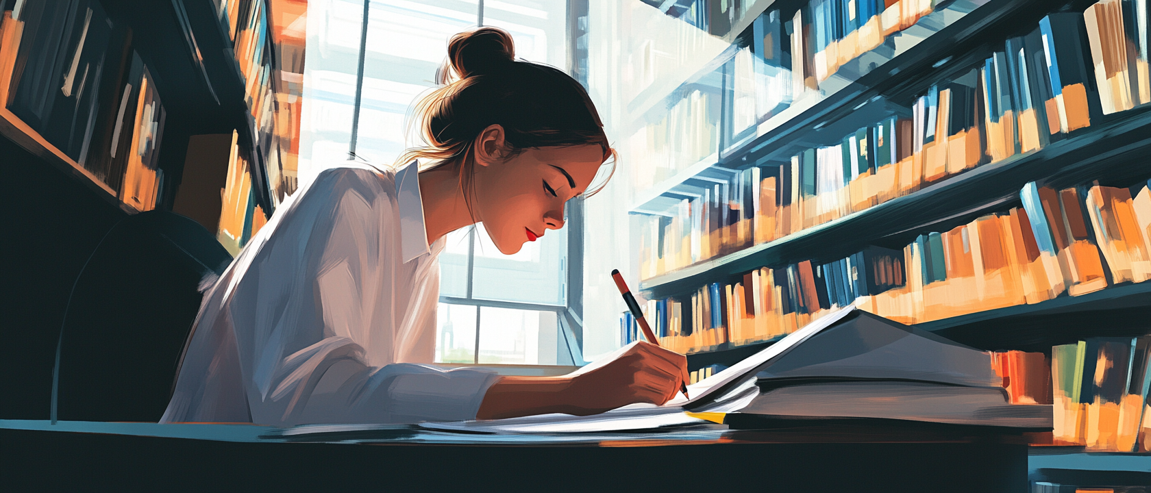 student revising in a library