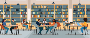 students doing research in the library