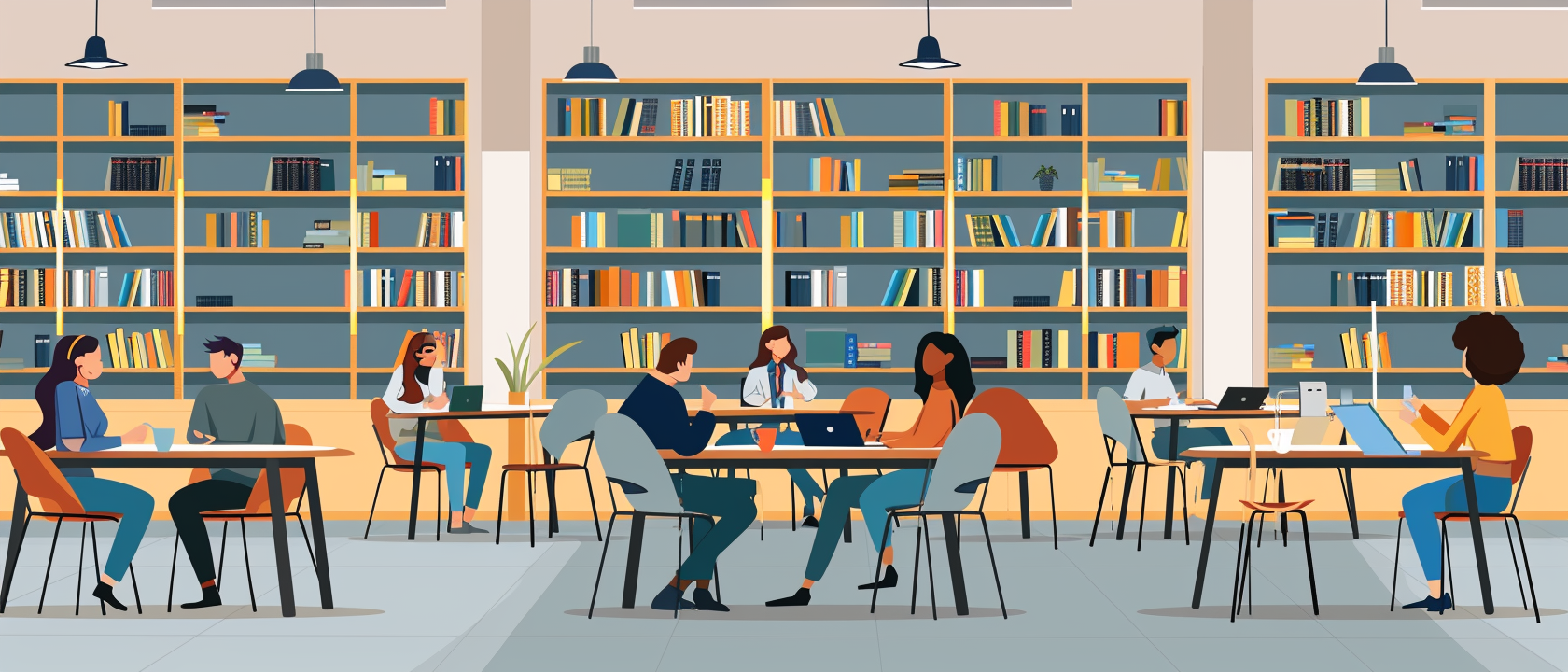 students doing research in the library